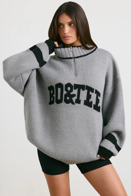 Oversized Quarter-Zip Chunky-Knit Jumper in Heather Grey - UK Size:L/XL